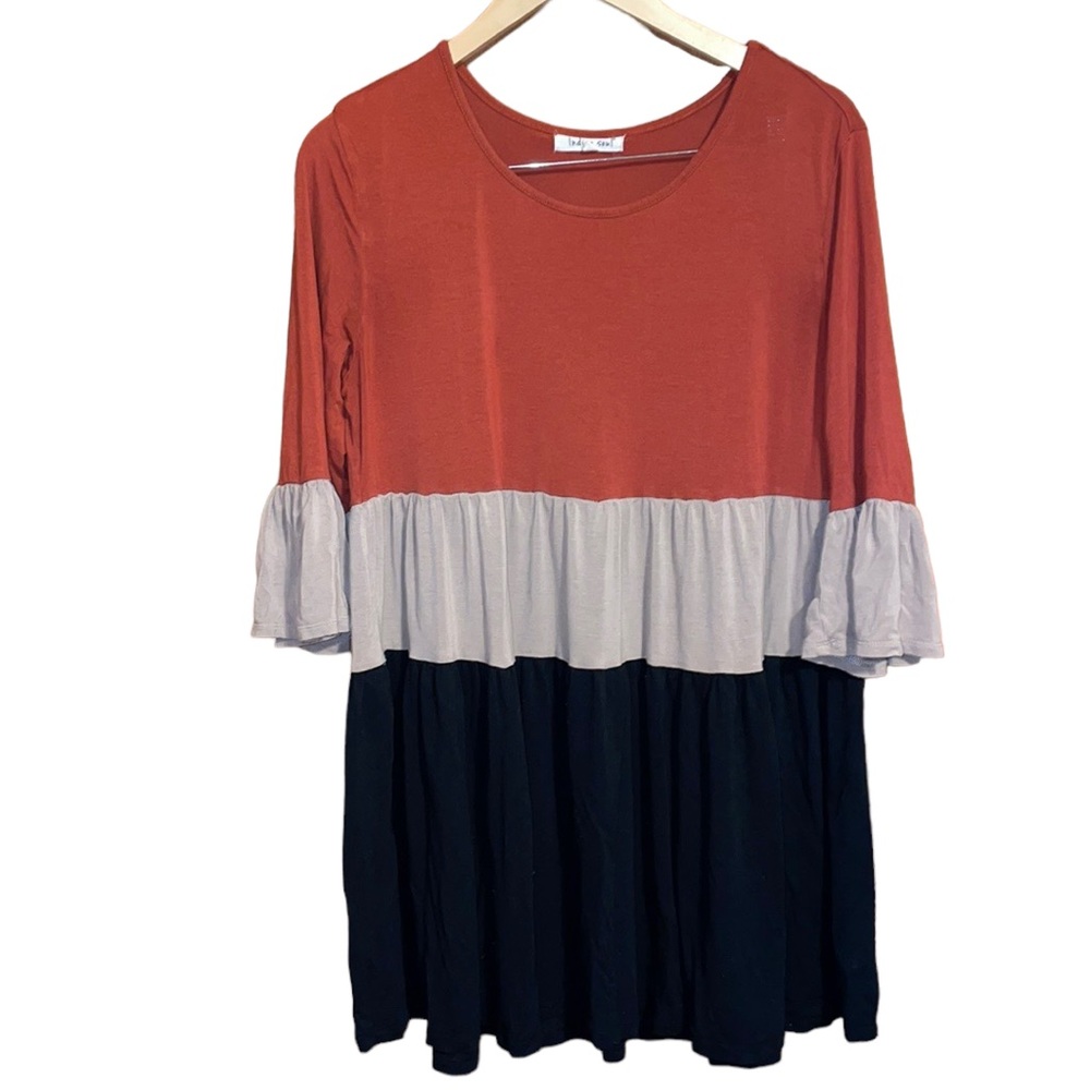 •INDIGO SOUL•RUST/TAN/BLACK 3/TIER RUFFLE TUNIC BLOUSE SIZE MEDIUM EUC